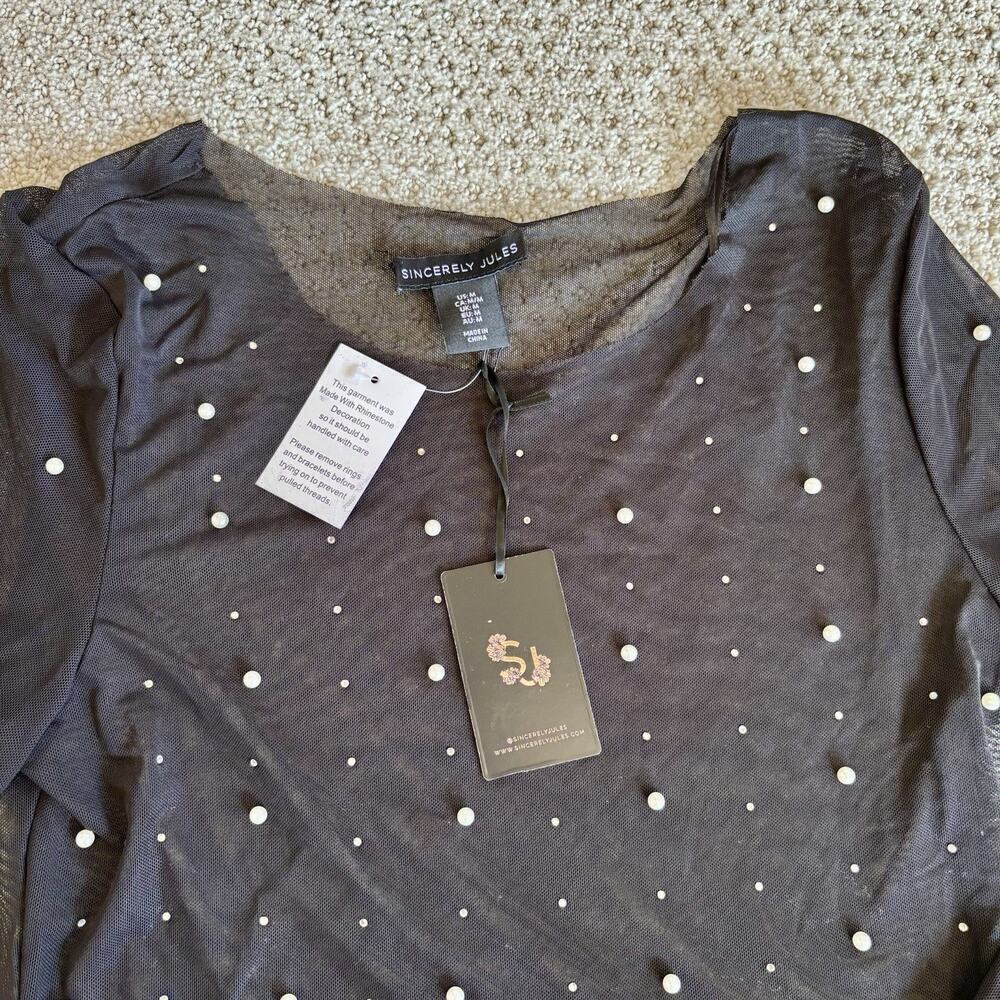 Womens Rhinestone Pearl Mesh See-through Long Sleeve Crop Tops Blouse Shirt Med - Picture 2 of 8